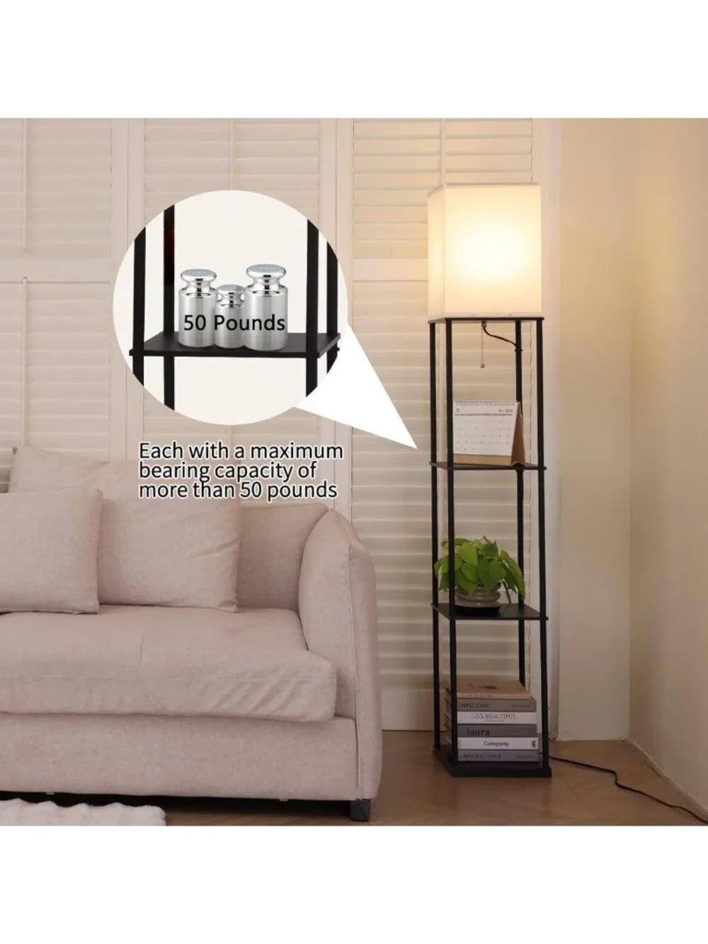 Modern Floor Lamp with Shelves, 3 Color Temperature, Corner Bookshelf Light
